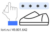 Finger swiping gesture indicating a motion, encrypted code with asterisks securing access, and a shoe representing a secured locker. Ideal for security systems, digital access, smart technology. Gesture Control with Finger Swipe for Secure Access to Encrypted Footwear Locker. Стоковая иллюстрация, агентство Ingram Publishing / Фотобанк Лори