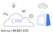 Cloud labeled CRM with icons for messaging, lightbulb, shopping cart, gear, raincloud and shopping bag. Ideal for business management, customer relationship, technology integration, e-commerce. CRM Technology Integration with E-commerce and Communication Tools. Стоковая иллюстрация, агентство Ingram Publishing / Фотобанк Лори