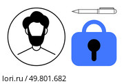Black and white profile within a circle, a blue lock with a keyhole, and a black pen. Ideal for cybersecurity, privacy, identity protection, credential verification, and secure communications. Simple. Identity Verification and Security Symbol with Pen Illustration. Стоковая иллюстрация, агентство Ingram Publishing / Фотобанк Лори