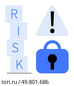 Stacked blocks spelling RISK, an exclamation mark inside a triangle, and a blue padlock. Ideal for security awareness, risk management, alertness, business, and technology. Simple vector style. Risk Management and Security Symbolizing Illustration for Alertness in Business and Technology. Стоковая иллюстрация, агентство Ingram Publishing / Фотобанк Лори