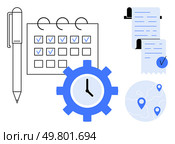 Pen, calendar with checkmarks, gear with clock, map with location pins, and checklists. Ideal for time management, productivity, project planning, scheduling, and organizational planning. Clean. Efficient Task Management Tools including Calendar, Checklist, and Time Tracking. Стоковая иллюстрация, агентство Ingram Publishing / Фотобанк Лори