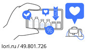 Hands holding a smartphone displaying products with sale tag and percentage icons, speech bubble icons with heart and plant. Ideal for e-commerce, digital marketing, mobile apps, consumer behavior. Online Shopping with Mobile Device Highlighting Product Variety, Sales, and User Preferences. Стоковая иллюстрация, агентство Ingram Publishing / Фотобанк Лори