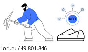 Man wielding a pickaxe in mining motion, DeFi Decentralized Finance hub with connected icons for home, shopping, gear, and heart. Ideal for cryptocurrency, blockchain, finance, technology. Man mining cryptocurrency with pickaxe and DeFi icons representing digital financial services. Стоковая иллюстрация, агентство Ingram Publishing / Фотобанк Лори