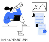 Woman using a telescope while holding a laptop, analyzing a graph on the wall. Below, there is a long document with a check mark. Ideal for business analysis, data interpretation, strategic planning. Person with Laptop Using Telescope Analyzing Document and Graph. Стоковая иллюстрация, агентство Ingram Publishing / Фотобанк Лори