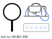 Magnifying glass, briefcase, and five-star rating symbols. Ideal for business reviews, product assessments, quality control, business analytics, company evaluations, professional services marketing. Magnifying Glass, Briefcase, and Five-Star Rating for Business Quality and Review Concepts. Стоковая иллюстрация, агентство Ingram Publishing / Фотобанк Лори
