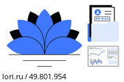 Lotus flower with smooth lines, medical folder with documents, and data chart with graphs and statistics. Ideal for healthcare, wellness, medical analysis, data management, patient records, holistic. Health and Wellness Lotus Flower with Medical Records and Data Analytics. Стоковая иллюстрация, агентство Ingram Publishing / Фотобанк Лори