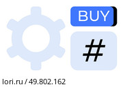 Gear, blue BUY button, and metadata tag symbol. Ideal for digital marketing, online shopping, website interface, social media, SEO, tech development, user interaction. Line metaphor. Gear, Buy Button, and metadata tag Symbols Representing E-commerce and Digital Marketing. Стоковая иллюстрация, агентство Ingram Publishing / Фотобанк Лори