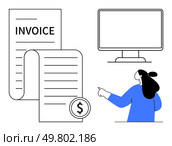 Invoice document with dollar sign, woman pointing to computer screen. Ideal for billing, finance, accounting, office tasks, online payments. Simple line art style. Business Payment Processing with Computer and Invoice Document. Стоковая иллюстрация, агентство Ingram Publishing / Фотобанк Лори