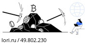 Bitcoin symbols on coins mined from rocks by pickaxes, person seated with laptop next to globe. Ideal for blockchain concepts, cryptocurrency education, digital economies, investment visuals, virtual. Bitcoin mining with pickaxes extracting cryptocurrency from rocks, observer seated with laptop beside globe. Стоковая иллюстрация, агентство Ingram Publishing / Фотобанк Лори