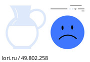 Transparent milk jug partly filled with milk next to a blue sad face emotion and horizontal lines. Ideal for emotions, sadness, food and drink, minimalism, icons, infographics, and web design. Line. Blue Sad Face emotion and Transparent Milk Jug with Horizontal Dashes in Minimalist Design. Стоковая иллюстрация, агентство Ingram Publishing / Фотобанк Лори