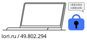 A laptop with a speech bubble containing binary code and a blue lock icon. Ideal for cybersecurity, data protection, encryption, online safety, technology. Minimalist style. Laptop with Security Lock and Binary Code Indicating Cyber Security. Стоковая иллюстрация, агентство Ingram Publishing / Фотобанк Лори