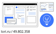 Data analytics dashboard displaying charts, graphs, task lists, and text entries. Ideal for business strategy, project management, data visualization, productivity, digital marketing, research. Data Analytics Dashboard with Graphs, Charts, and Task Management Interface on Digital Screen. Стоковая иллюстрация, агентство Ingram Publishing / Фотобанк Лори