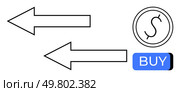 Two leftward arrows point to a circular coin symbol and a blue BUY button. Ideal for e-commerce, online shopping, financial transactions, digital marketplace, sale promotions, business exchanges. Leftward Arrows with Coin and Buy Button Representing Financial Transactions and Shopping Concepts. Стоковая иллюстрация, агентство Ingram Publishing / Фотобанк Лори