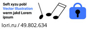 Text with random words in black and a blue hyperlink. Two black musical notes. Blue padlock symbolizing security. Ideal for website visuals, educational materials, music apps, privacy policies. Abstract Design with Musical Notes and Padlock Icon for Security and Privacy. Стоковая иллюстрация, агентство Ingram Publishing / Фотобанк Лори