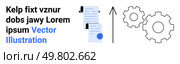 Documents with checkmark, black upward arrow, gearing symbols. Ideal for business strategies, process improvement, productivity, data flow, team coordination, project management. Landing page. Business Workflow Optimization Vector with Documents, Gears, and Upward Arrow. Стоковая иллюстрация, агентство Ingram Publishing / Фотобанк Лори