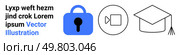 Text block with placeholder text, blue padlock, video play button, and graduation cap vector icons. Ideal for educational platforms, online courses, e-learning, virtual classrooms, remote education. Secure Online Learning with Video Conferencing and Education Icon Set. Стоковая иллюстрация, агентство Ingram Publishing / Фотобанк Лори