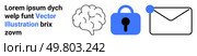 Brain, lock with keyhole, and email envelope icons. Text in a fictitious language. Ideal for website privacy, data security, and online communication. Usable in tech, education, marketing, and UI UX. Brain, Lock, and Email Icons for Privacy, Security, and Communication Themes. Стоковая иллюстрация, агентство Ingram Publishing / Фотобанк Лори
