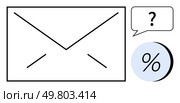 Envelope icon with speech bubble showing a question mark and a percentage sign in a circle. Ideal for email marketing, communication, response rate, uncertainty, analytics, queries, customer. Envelope with Question Symbol and Percentage Sign, Representing Email Marketing Uncertainty. Стоковая иллюстрация, агентство Ingram Publishing / Фотобанк Лори