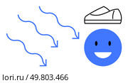 Curved lines showing airflow toward a happy face and a loafer shoe. Ideal for hygiene, foot care, fresh air, health, comfort, lifestyle, minimalist designs. Line metaphor. Airflow Indicating Freshness with Smiling Face and Loafer Shoe in Clean Design. Стоковая иллюстрация, агентство Ingram Publishing / Фотобанк Лори