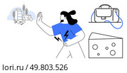 Woman holding her stomach and raising hand towards dairy products including milk and cheese, with office bag above. Ideal for dietary restrictions, lactose intolerance, health, wellness, office life. Woman Rejecting Dairy Products While Holding Stomach With Office Bag in Background. Стоковая иллюстрация, агентство Ingram Publishing / Фотобанк Лори