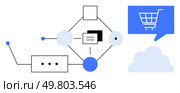 Geometric shapes connected by lines represent an e-commerce integration system. Shopping cart icon, cloud icon, and network diagramming. Ideal for technology, e-commerce, cloud computing, data. E-commerce Integration Framework with Cloud and Networking Elements. Стоковая иллюстрация, агентство Ingram Publishing / Фотобанк Лори