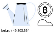 Watering can pouring onto Bitcoin symbol and cloud, representing nurturing and growth in digital investments. Ideal for finance, cryptocurrency, growth strategy, investment, innovation, fintech. Watering Can and Bitcoin Symbol with Cloud, Representing Investment Growth and Digital Currency. Стоковая иллюстрация, агентство Ingram Publishing / Фотобанк Лори