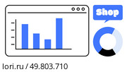 Computer screen displaying a bar chart with four bars of varying heights, a pie chart, and the word Shop in a speech bubble. Ideal for business, e-commerce, data analysis, marketing, and finance. E-commerce Analytics Dashboard with Bar Chart and Pie Chart for Business Analysis. Стоковая иллюстрация, агентство Ingram Publishing / Фотобанк Лори