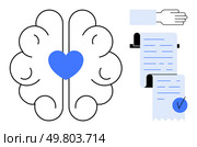 Blue heart in brain center underscores mind-heart connection, document with checkmark signifies validation or certification. Ideal for mental health, emotional intelligence, psychological. Mind and Heart Integration with Legal and Medical Documentation. Стоковая иллюстрация, агентство Ingram Publishing / Фотобанк Лори