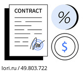 Contract with signature next to percentage and dollar usd symbols. Ideal for business agreements, investment planning, legal documents, financial contracts, blockchain technology, digital. Contract Signing with Percentage and Cryptocurrency Symbols Representing Blockchain and Investment Concepts. Стоковая иллюстрация, агентство Ingram Publishing / Фотобанк Лори