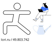 Person in yoga pose, woman with laptop seated on a ledge, and watering can. Ideal for wellness, work-life balance, productivity, gardening, relaxation, home office, and mindfulness. Line metaphor. Person practicing yoga, woman working on laptop, and watering can symbolizing balance and productivity. Стоковая иллюстрация, агентство Ingram Publishing / Фотобанк Лори