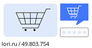 Black shopping cart on blue background, speech bubble with cart icon, and star rating. Ideal for online shopping, e-commerce, user reviews, customer feedback, digital marketing, mobile apps, retail. Shopping Cart Icon with Star Rating and Speech Bubble for E-commerce and Customer Feedback. Стоковая иллюстрация, агентство Ingram Publishing / Фотобанк Лори