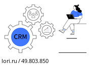 Woman with laptop sitting, analyzing CRM system represented by gears with person icons and chart. Ideal for business strategy, CRM tools, data management, marketing analytics, productivity, customer. Woman With Laptop Utilizing CRM System and Data Analysis Tools for Business Success. Стоковая иллюстрация, агентство Ingram Publishing / Фотобанк Лори