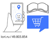 Hand holding a smartphone with a map and location pin, smiling face icon, open book illustration, shopping cart symbol in speech bubble. Ideal for navigation apps, online shopping, digital learning. Navigating Maps on Smartphone with Shopping Cart Icon and Open Book for Multitasking. Стоковая иллюстрация, агентство Ingram Publishing / Фотобанк Лори