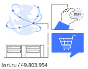 Connected globe, hand holding defi token, shopping cart icon, and servers emphasize decentralized finance network, e-commerce, global connectivity. Ideal for fintech, blockchain, cryptocurrency. Global Decentralized Finance and E-commerce Concept with Connected World, Defi Token, and Servers. Стоковая иллюстрация, агентство Ingram Publishing / Фотобанк Лори