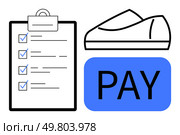 Clipboard with checklist, line drawing of a shoe, and a blue button labeled PAY. Ideal for online shopping, e-commerce, payment systems, retail, inventory management, financial apps, checkout. Shoe Purchase Checklist and Payment Icon for Online Shopping and E-commerce. Стоковая иллюстрация, агентство Ingram Publishing / Фотобанк Лори