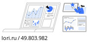 Person examining data charts and graphs on multiple devices. Ideal for business analysis, data visualization, remote work, digital tools, presentations, report generation, and education. Line. Business person analyzing data visualizations and graphs on laptop and tablet screens. Стоковая иллюстрация, агентство Ingram Publishing / Фотобанк Лори