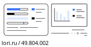 Progress bars and bar chart on white digital interface displaying data trends and performance metrics. Ideal for business reports, presentations, data analysis, dashboards, analytics, project. Data Visualization with Progress Bars and Bar Chart for Performance Analysis. Стоковая иллюстрация, агентство Ingram Publishing / Фотобанк Лори