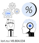 Robotic hand points to CRM gear, head with AI chip, and percentage symbol. Key themes Ideal for business automation, AI technology, future of work, machine learning, robotics, CRM tools, and tech. Robotic Hand Activating CRM Gear and AI Integration in Human Brain, Percentage Symbol. Стоковая иллюстрация, агентство Ingram Publishing / Фотобанк Лори