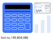 Large blue calculator, interactive graphing dashboard, and ascending bar chart. Ideal for financial analysis, business reports, accounting, economic studies, budgeting, data visualization. Financial Calculator with Graphing Dashboard and Bar Chart for Business and Financial Analytics. Стоковая иллюстрация, агентство Ingram Publishing / Фотобанк Лори