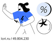 Woman extending hand with electrical jolt symbol on shirt, large percentage and Pisces symbols in circles. Ideal for financial advice, horoscope, decision-making, warnings, cautionary tales, energy. Woman with percentage and Pisces symbols representing caution in decision-making. Стоковая иллюстрация, агентство Ingram Publishing / Фотобанк Лори
