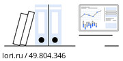 Two office folders and a third tilted. Adjacent analytics screen with graphs and charts. Ideal for business presentations, office manuals, organizational tools, report designs, productivity. Office folders with data analytics showing on screen reflecting organized workspace and productivity. Стоковая иллюстрация, агентство Ingram Publishing / Фотобанк Лори