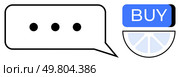 Chat bubble with ellipsis next to a blue BUY button and a semi-circular graph. Ideal for communication, e-commerce, sales, customer support, online shopping, digital marketing, business. Line. Chat Bubble with Ellipsis and Buy Button with Semi-Circular Graph. Стоковая иллюстрация, агентство Ingram Publishing / Фотобанк Лори