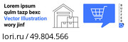 Blue speech bubble with shopping cart, storage warehouse with boxes, lorem ipsum text, Buffer logo, Vector Illustration. Ideal for e-commerce, storage, logistics, communication, marketing, web. Blue Shopping Cart in Speech Bubble with Storage Warehouse and Text Elements on White Background. Стоковая иллюстрация, агентство Ingram Publishing / Фотобанк Лори