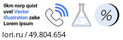Symbols for communication phone , science flask , and percentages with text. Ideal for technology, education, marketing, finance, business, analytics, infographics Landing page. Communication, Science, and Percentage Symbols with Placeholder Text in Modern Design. Стоковая иллюстрация, агентство Ingram Publishing / Фотобанк Лори