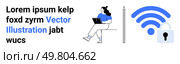 Woman using laptop, pencil, and secured wireless icon with lock symbolize business, security, technology, online work, digital safety, remote work, and creativity. Ideal for modern business. Landing. Woman working on laptop, pencil, and secure wireless lock symbol, representing modern business concepts. Стоковая иллюстрация, агентство Ingram Publishing / Фотобанк Лори