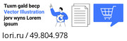Man pointing upwards, document with text, shopping cart in speech bubble. Ideal for e-commerce, presentations, web design, online stores, digital marketing, business plans, educational content. E-commerce Concept with Man, Document, and Shopping Cart Icons for Websites and Promotions. Стоковая иллюстрация, агентство Ingram Publishing / Фотобанк Лори