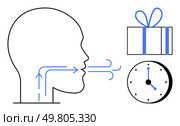 Side-profile human head with arrows indicating airflow direction into mouth, gift box with blue ribbon, and clock showing 700. Ideal for health, communication, time management, celebration, guidance. Side-profile human head with airflow, a gift box, and a clock indicating time with arrows. Стоковая иллюстрация, агентство Ingram Publishing / Фотобанк Лори
