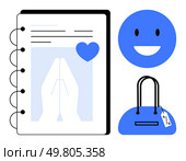 Notebook with heart icon and praying hands graphic, happy emotion face, and blue shopping bag with price tag. Ideal for lifestyle, shopping, gratitude, emotions, personal growth, journaling modern. Notebook with heart, praying hands, happy emotion, and shopping bag with price tag, depicting modern life themes. Стоковая иллюстрация, агентство Ingram Publishing / Фотобанк Лори