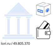 Greek-style bank building, shopping box labeled Shop, and wallet with credit card. Ideal for banking, finance management, e-commerce, retail industry, online payments consumer goods savings. Line. Bank Building, Shopping Box, and Wallet with Credit Card Representing Financial Transactions. Стоковая иллюстрация, агентство Ingram Publishing / Фотобанк Лори
