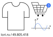 T-shirt outline, shopping cart with notification badge, and line graph indicating fluctuating sales trends. Ideal for e-commerce, online shopping, retail analysis, sales trends, consumer behavior. Online Shopping Combination T-shirt, Cart with Notification, and Line Graph Indicating Sales Trends. Стоковая иллюстрация, агентство Ingram Publishing / Фотобанк Лори